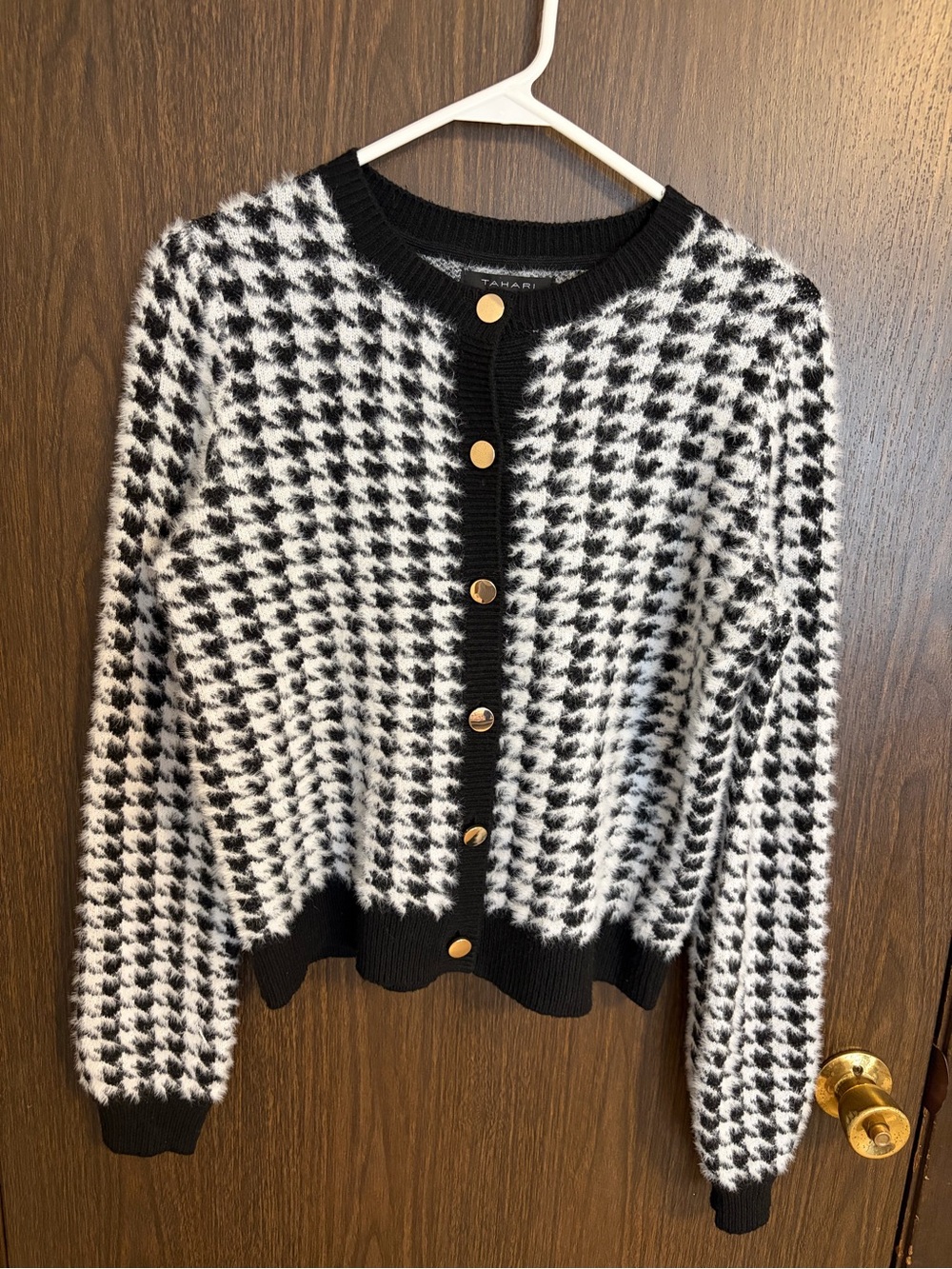 Tahari Black & White Houndstooth Button-Front Cardigan Sweater